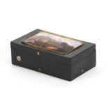Rectangular Swiss music box, the hinged lid inset with an enamelled panel hand painted with a