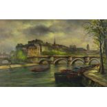 Manner of Emile Boyer - Paris river scene, oil on board, mounted and framed, 69cm x 44cm : For