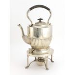 Silver demi fluted teapot on stand with burner, by Pinder Brothers, Sheffield 1920, 37cm high,