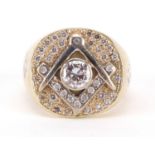 Heavy unmarked gold and diamond Masonic ring (tests as 14ct), size S, approximate weight 24.8g : For