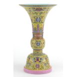 Chinese porcelain two section Gu vase, hand painted in the famille rose palette with daoist