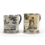 Two early 19th century Staffordshire pottery children's mugs including one printed with Enoch Wood