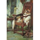 Dog seated in a chair, oil on canvas, framed, 90cm x 60cm : For Further Condition Reports and Live