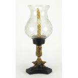 Ornate ormolu style candle holder with cut glass shade, 41.5cm high : For Further Condition