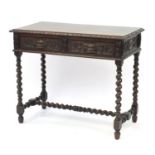 Oak hall table with lion mask carved drawers, barley twist supports and stretcher, 75cm H x 92cm W x