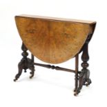 Good Victorian burr walnut Sutherland table, the oval top with quarter veneer on fluted legs, 73cm H