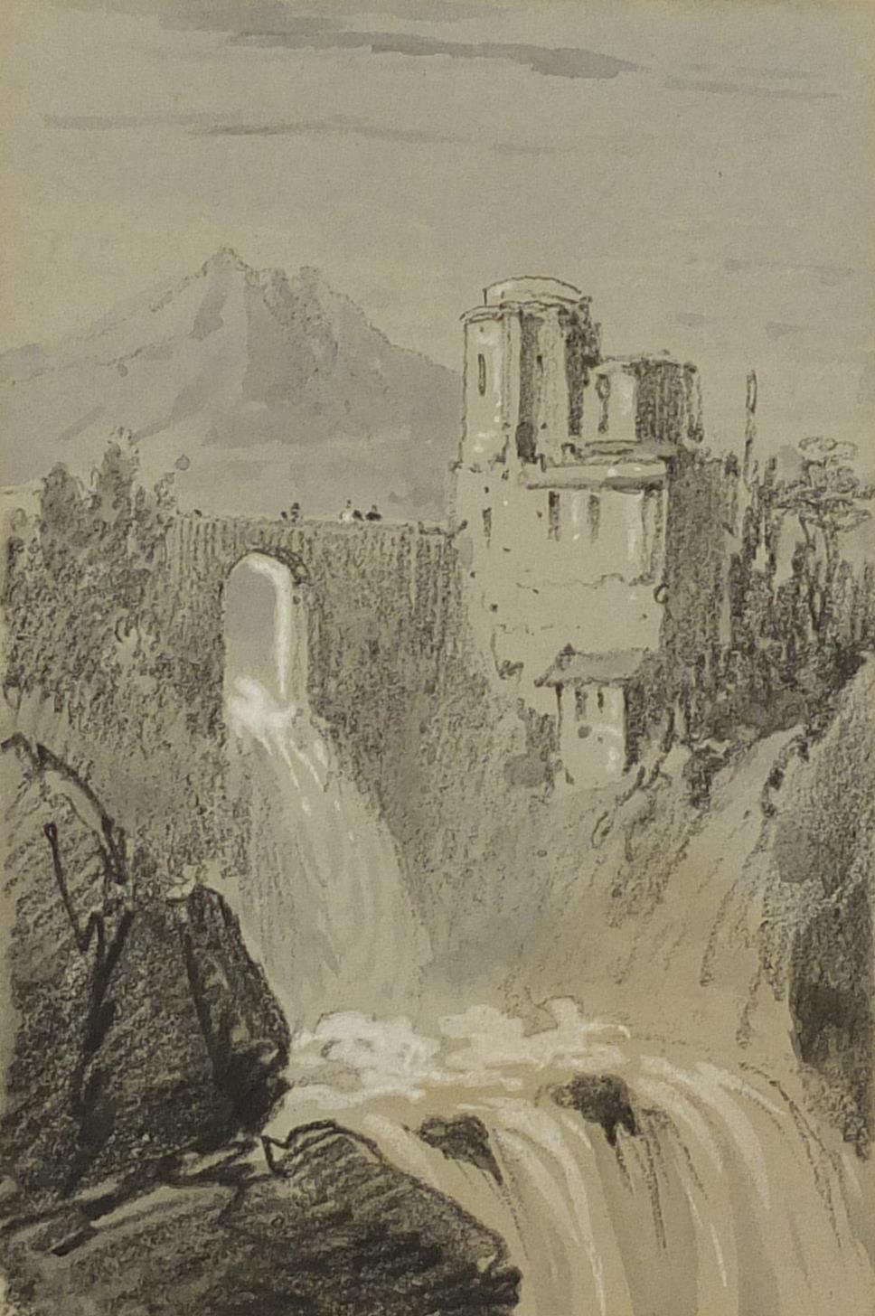 Edward Lear - Castle by a waterfall with a mountain beyond, heightened watercolour and black