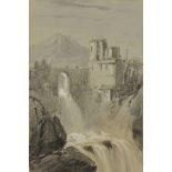 Edward Lear - Castle by a waterfall with a mountain beyond, heightened watercolour and black