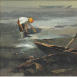 Fishermen in shallow water, impressionist oil on canvas, bearing an indistinct signature, framed,