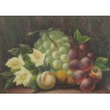 Still life flowers and fruit, Edwardian oil on canvas, mounted and framed, 33cm x 23cm : For Further