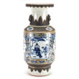Chinese crackle glazed porcelain vase with animalia ring turned handles, hand painted with figures