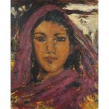 Head and shoulders portrait of an Eastern girl, post impressionist oil on canvas, bearing an