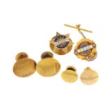 Gold studs comprising two 9ct gold enamel and diamond Esso (5.5g), three 18ct (6.2g)and one 15ct (