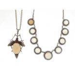 Silver moonstone necklace and an insect pendant with opal body, approximate weight 24.0g : For