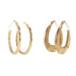 Two pairs of 9ct gold hoop earrings, the largest 3.2cm in diameter, approximate weight 3.4g : For