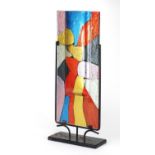 Modernist painted glass sculptural vase housed in a metal stand, overall 61cm high : For Further