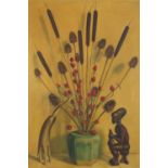 Eric Munro Agnew - Bulrushes, red berries and African figure, signed oil on canvas, framed, 76cm x