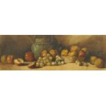 Arthur Dudley - Still life fruit and a vessel, watercolour on card, framed, 78cm x 27cm : For