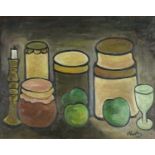 Still life vessels and fruit, Irish school oil on board, bearing a signature Markey, framed, 50cm