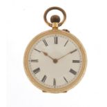 Continental ladies 14ct gold pocket watch with floral chased case, the case numbered 208672, 3.6cm