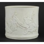 Chinese porcelain cylindrical brush pot, finely decorated in low relief with figures, character