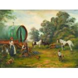 Eileen Blundel - Figures around a stove with horses, dogs and roosters, oil on canvas, mounted and