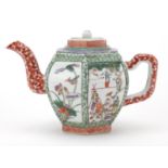 Chinese porcelain hexagonal teapot, hand painted in the famille rose palette with panels of figures,