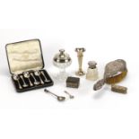 Silver and white metal items including set of six silver teaspoons, a clothes brush embossed with