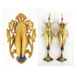 Pair of Egyptian Revival gilt metal locust design earrings with drops and a pendant, 9cm high :