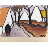 Figures before cottages, Irish school gouache on card, bearing a signature Markey, mounted unframed,