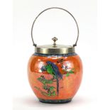 Carlton Ware orange lustre ginger jar with silver plated mounts, hand painted in the parrot pattern,