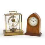 Kundo Electronic mantel clock and an Edwardian inlaid mahogany mantle clock, the largest 22cm high :