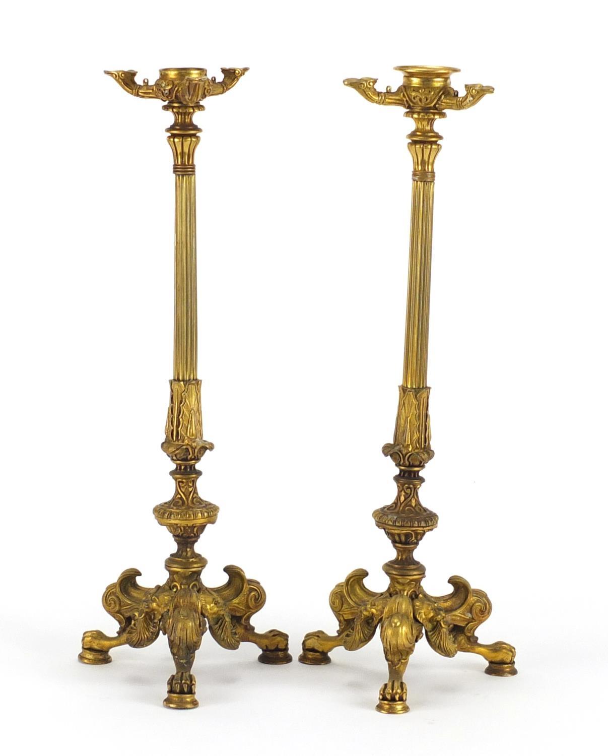 Pair of 19th century ormolu candlesticks with reeded columns, lion masks and claw feet, each 34. - Image 5 of 6