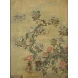 Chinese watercolour on silk, depicting birds of paradise amongst blossoming flowers, framed, 33cm