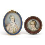Two portrait miniatures of young females including one housed in a blue guilloche enamelled easel