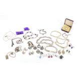 Silver and white metal jewellery including necklaces, bracelets and earrings, approximate weight