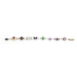 Ten silver semi precious stone rings one set with diamonds, various sizes, approximate weight 35.