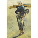 Female holding a basket on the beach, Dutch school oil on board, bearing an indistinct signature,