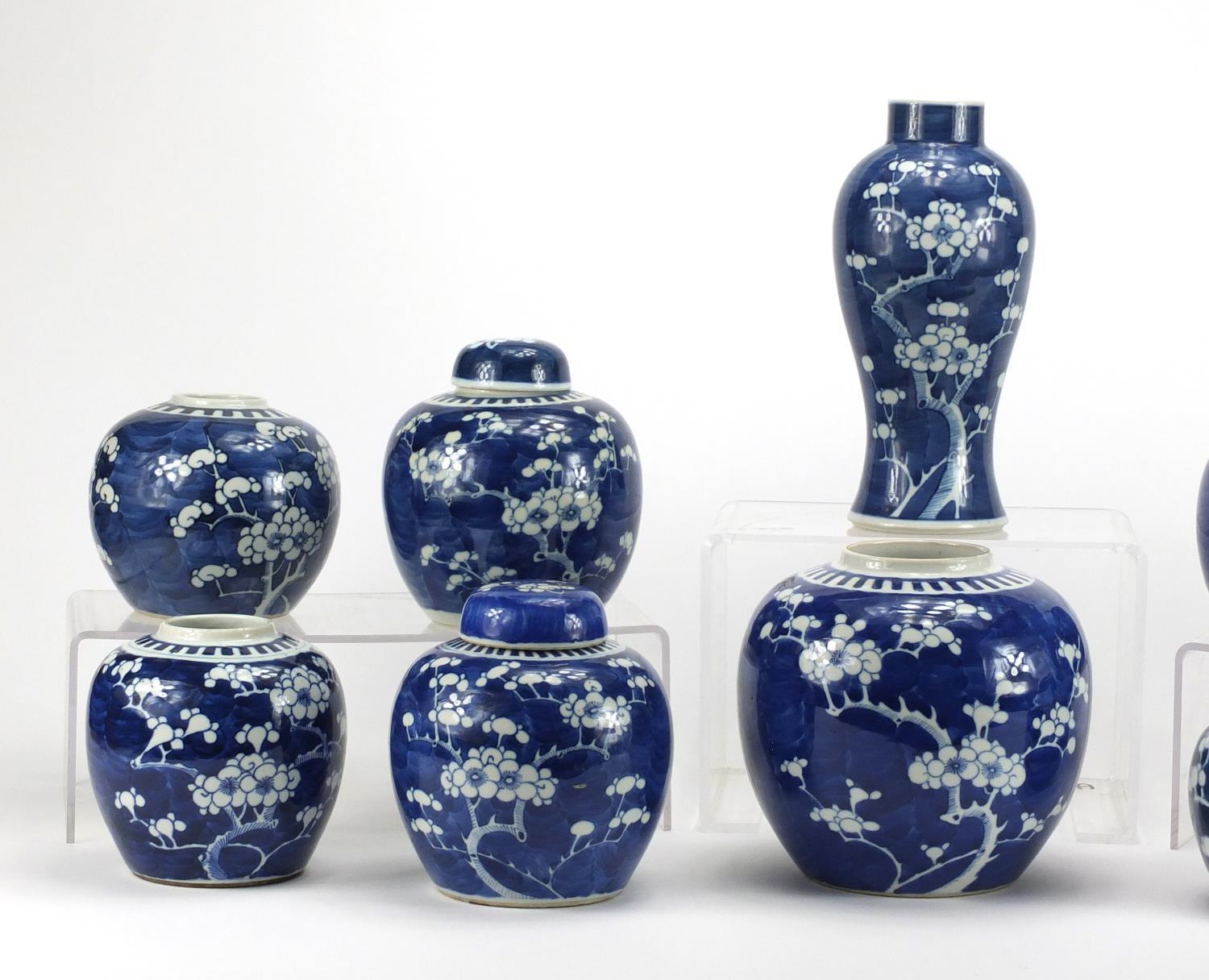 Chinese blue and white porcelain comprising a baluster vase and nine ginger jars, four with - Image 2 of 7