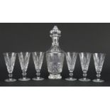 Waterford crystal decanter and a set of six glasses, the decanter 32cm high, each glass 16cm