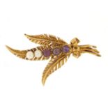 9ct gold amethyst and pearl floral spray brooch, 4..5cm in length, approximate weight 4.2g : For