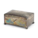 Rectangular silver lockable casket with ball feet and silk lined interior, by Walker & Hall, 15.