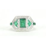 Art Deco style 18ct white gold emerald and diamond ring, size J, approximate weight 2.9g : For