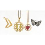 Jewellery including a silver and enamel butterfly brooch and a continental gold coloured metal