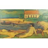 Continental beach scene, post impressionist oil on canvas, bearing an indistinct signature