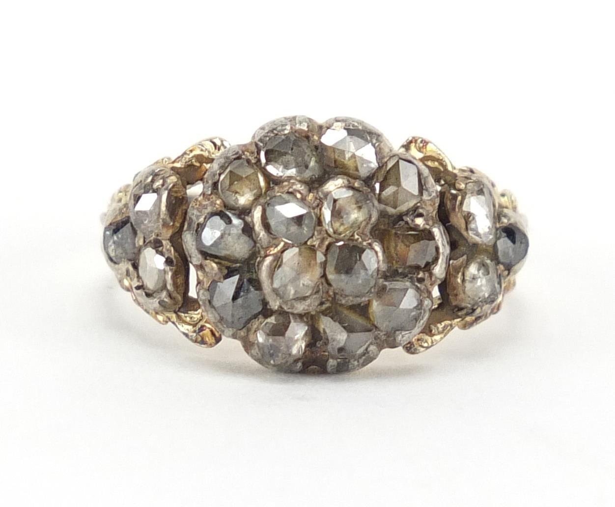Georgian unmarked gold diamond cluster ring with floral engraved shoulders, size M, approximate