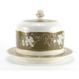 Victorian aesthetic cheese dome on stand, hand painted with plum blossom, overall 23.5cm high, the