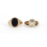 9ct gold smoky quartz ring and a 9ct gold black onyx signet ring, size G, approximate weight 4.