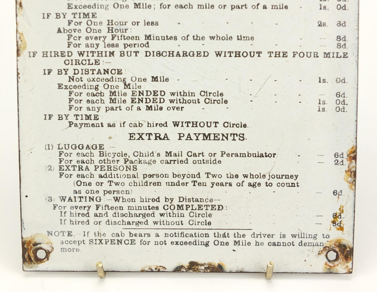 Antique horse drawn cab enamel plaque explaining fares, 23cm x 16.5cm : For Further Condition - Image 4 of 5