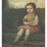 Young female holding her dog, German school oil on canvas laid on board, label verso, framed, 39cm x
